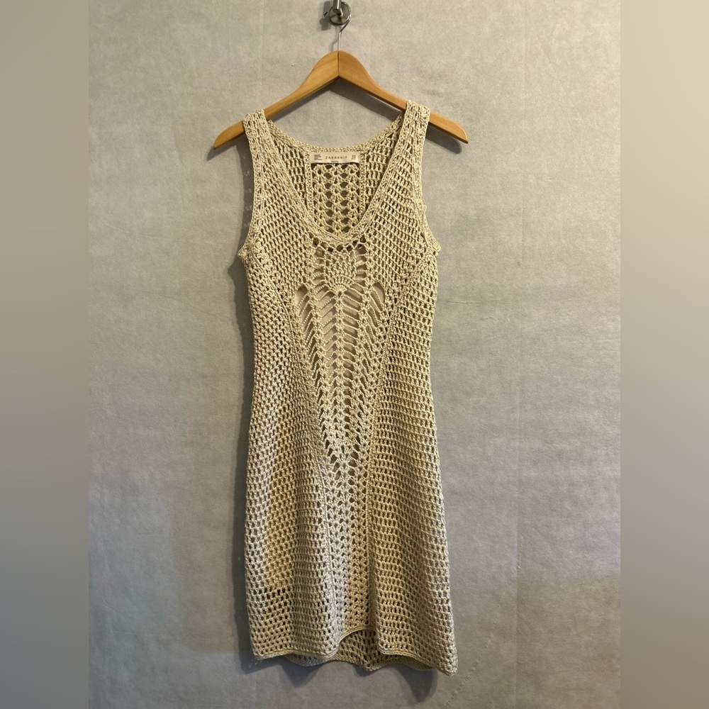 Zara knit crochet sleeveless beach resort wear mini femenine dress SZ M tan boho - Picture 4 of 10